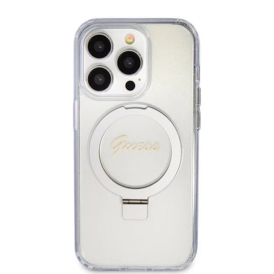Husă Guess Ring Stand Script Glitter MagSafe pentru iPhone 15 Pro – transparent