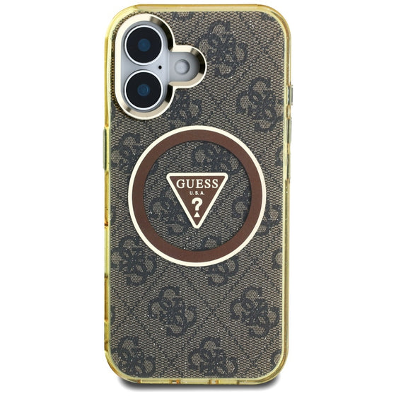 Husă Guess IML Metal Glitter 4G Circle Triangle MagSafe pentru iPhone 16 – maro