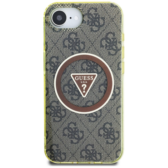 Husă Guess IML Metal Glitter 4G Circle Triangle MagSafe pentru iPhone 16e / 17e – maro