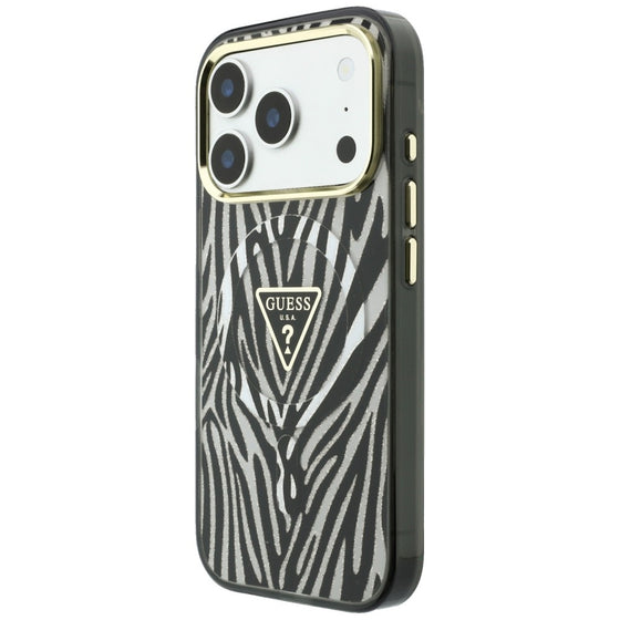 Husă Guess Zebra Glitter Triangle Logo MagSafe pentru iPhone 17 Pro / 18 Pro – negru cu argintiu