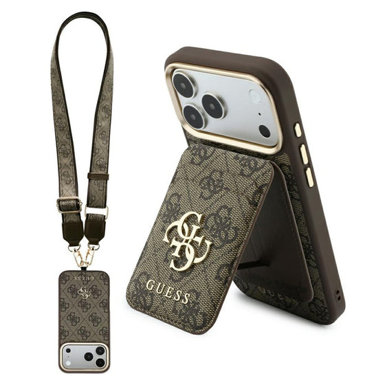 Set Guess 4G MagSafe 3 în 1: husă, curea de umăr și portcard pentru iPhone 17 Pro Max / 18 Pro Max – maro