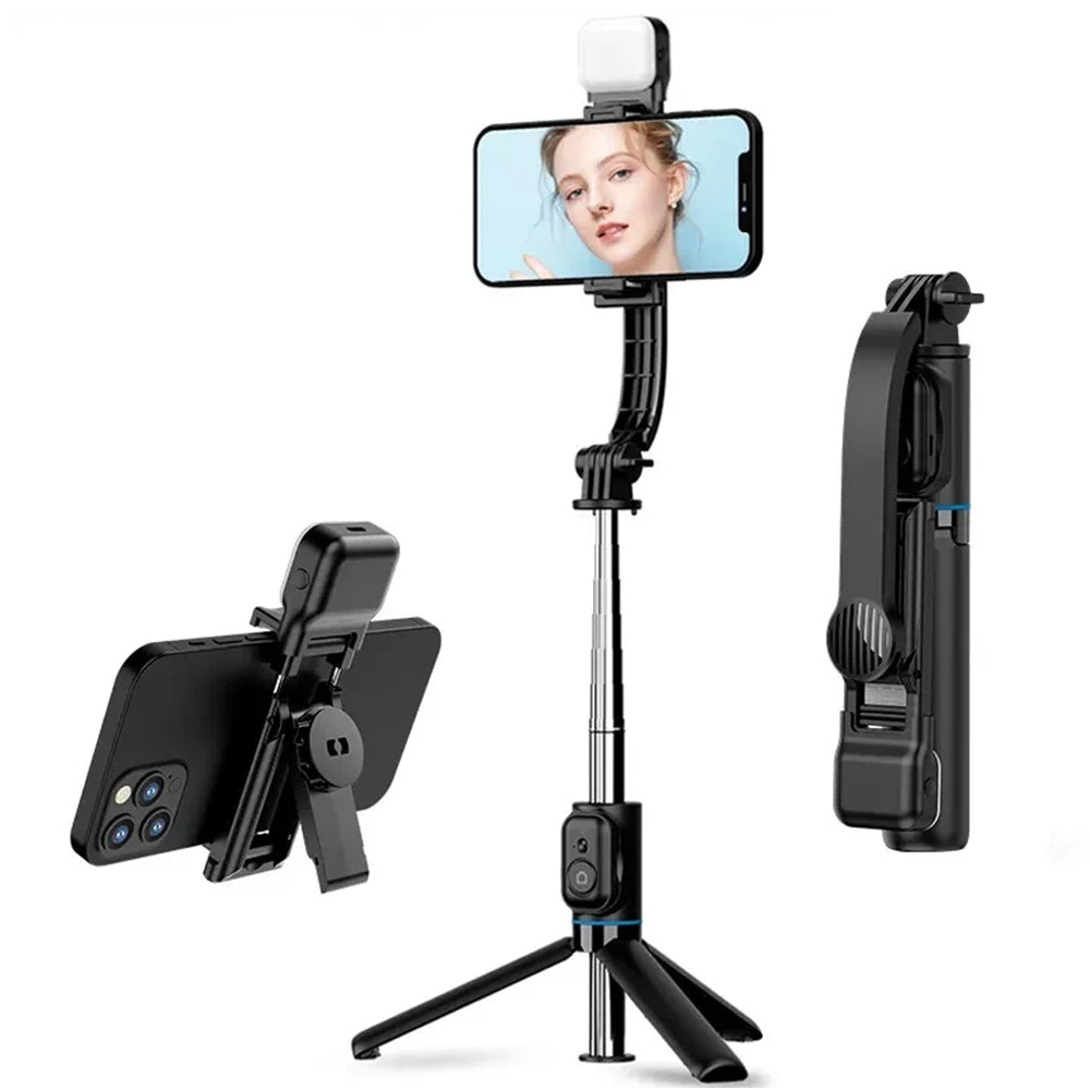 Selfie stick cu trepied și lumină, 107 cm, negru – Techsuit C01s – imagine 1