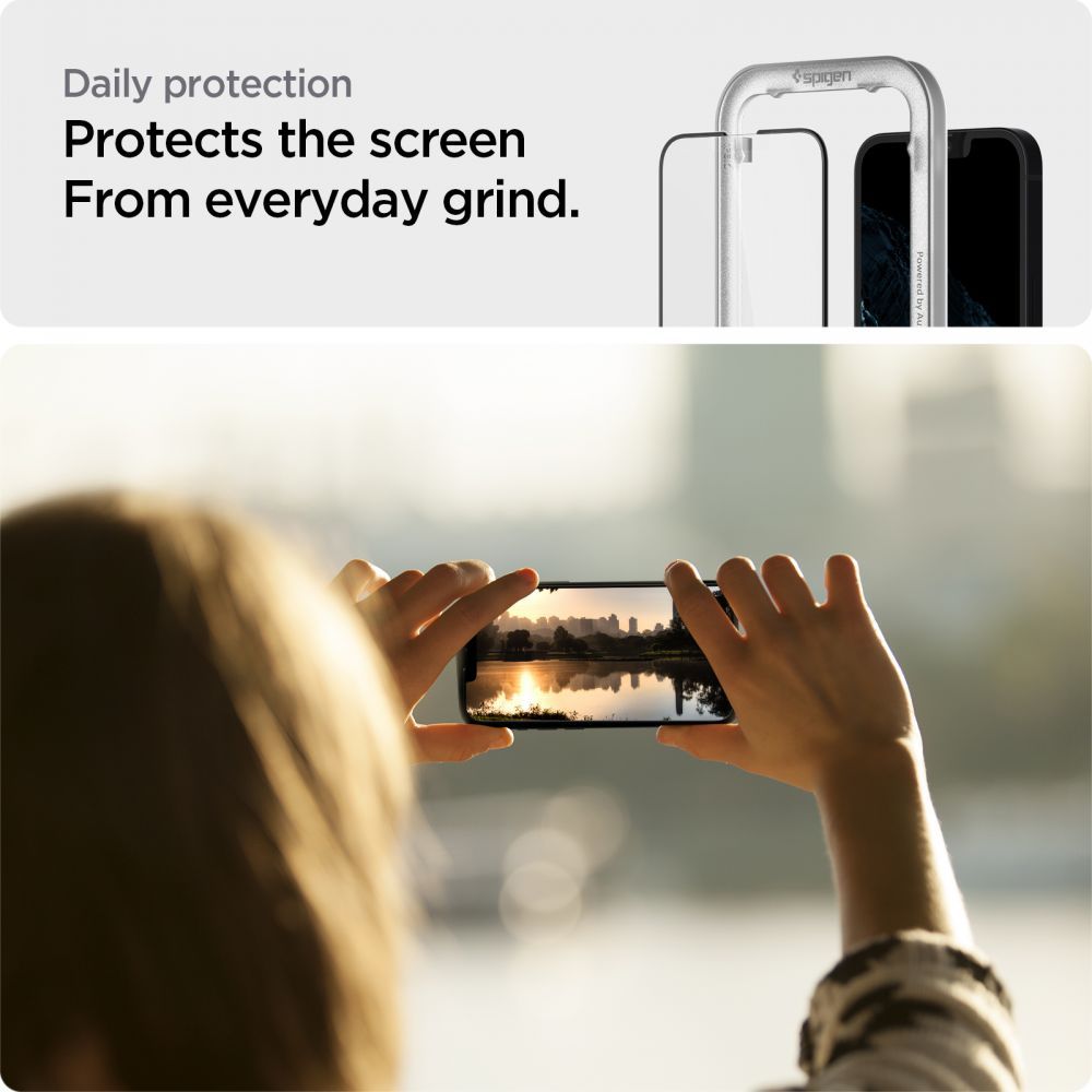 Folie de sticlă Spigen Glas.tR AlignMaster cu ramă neagră pentru iPhone 13 / 13 Pro / 14 / 16e / 17e – 1 folie – imagine 5