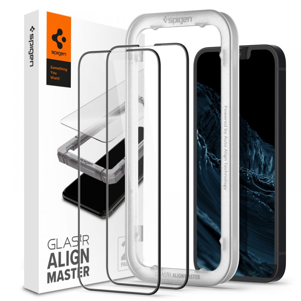 Folie de sticlă Spigen Glas.tR AlignMaster cu ramă neagră pentru iPhone 13 / 13 Pro / 14 / 16e / 17e – 2 folii – imagine 8