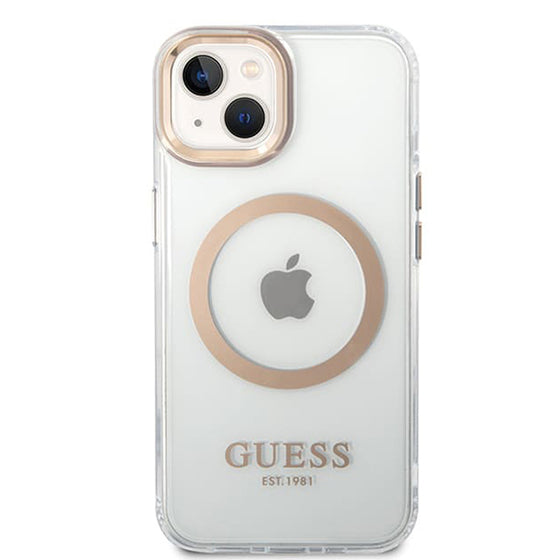 Husă Guess Metal Outline MagSafe pentru iPhone 15 Plus – auriu