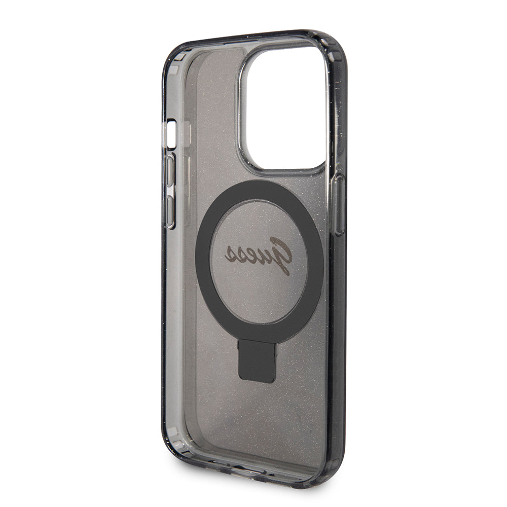 Husă Guess iPhone 15 Pro Ring Stand Script Glitter MagSafe, negru – imagine 5