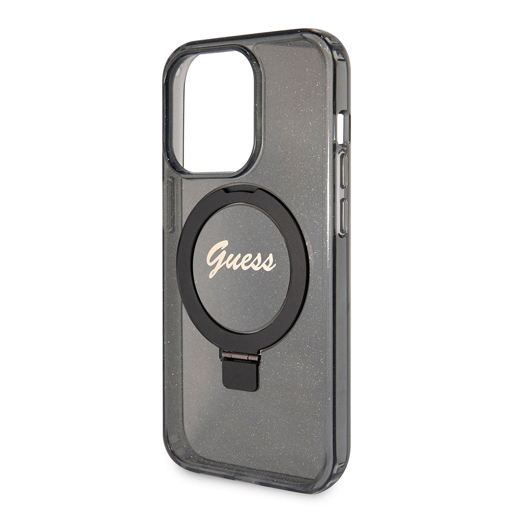 Husă Guess iPhone 15 Pro Ring Stand Script Glitter MagSafe, negru – imagine 4
