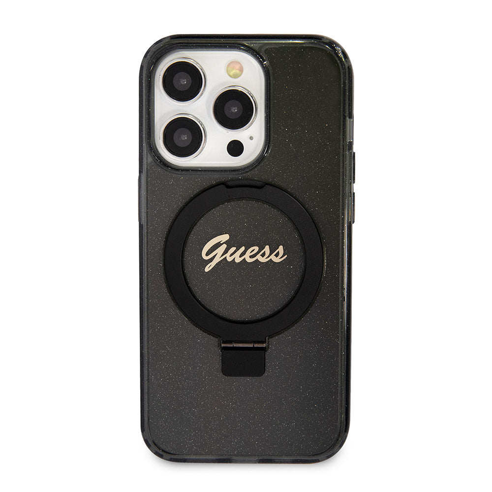 Husă Guess iPhone 15 Pro Ring Stand Script Glitter MagSafe, negru – imagine 1