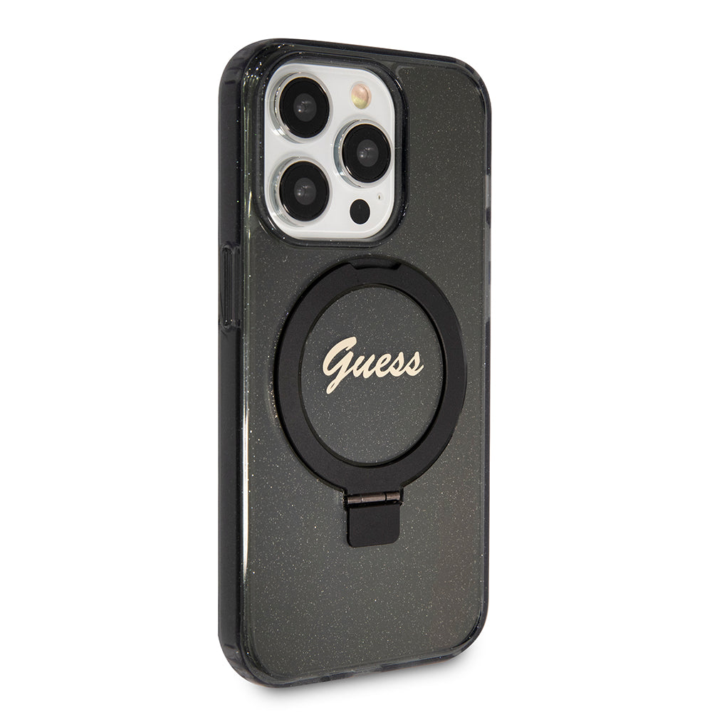 Husă Guess iPhone 15 Pro Ring Stand Script Glitter MagSafe, negru – imagine 3