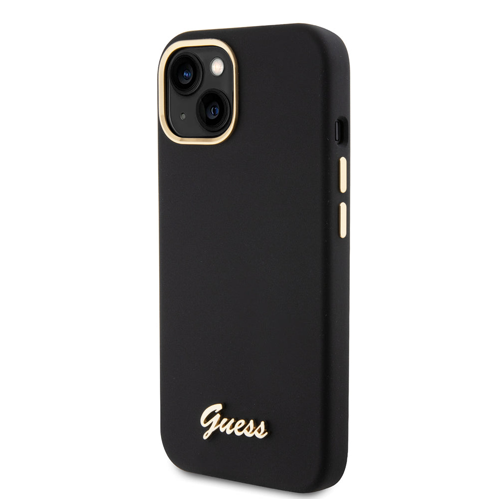 Husă Guess iPhone 15 Silicone Script Metal Logo & Frame, negru – imagine 3
