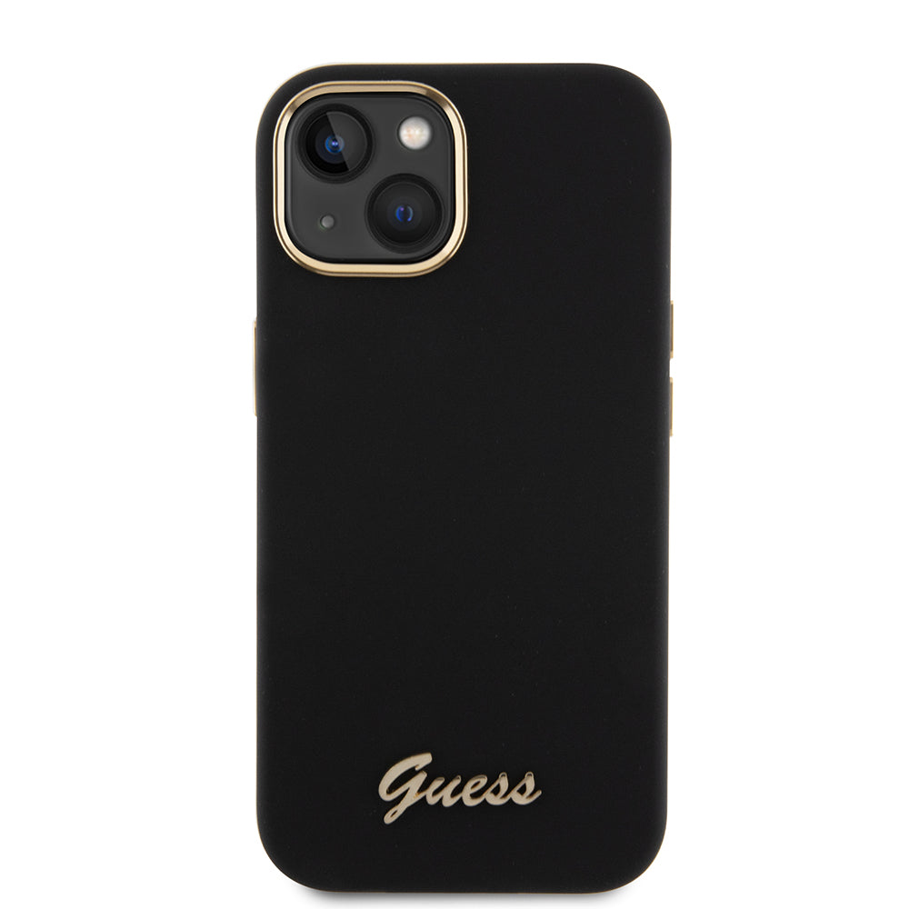Husă Guess iPhone 15 Silicone Script Metal Logo & Frame, negru – imagine 1
