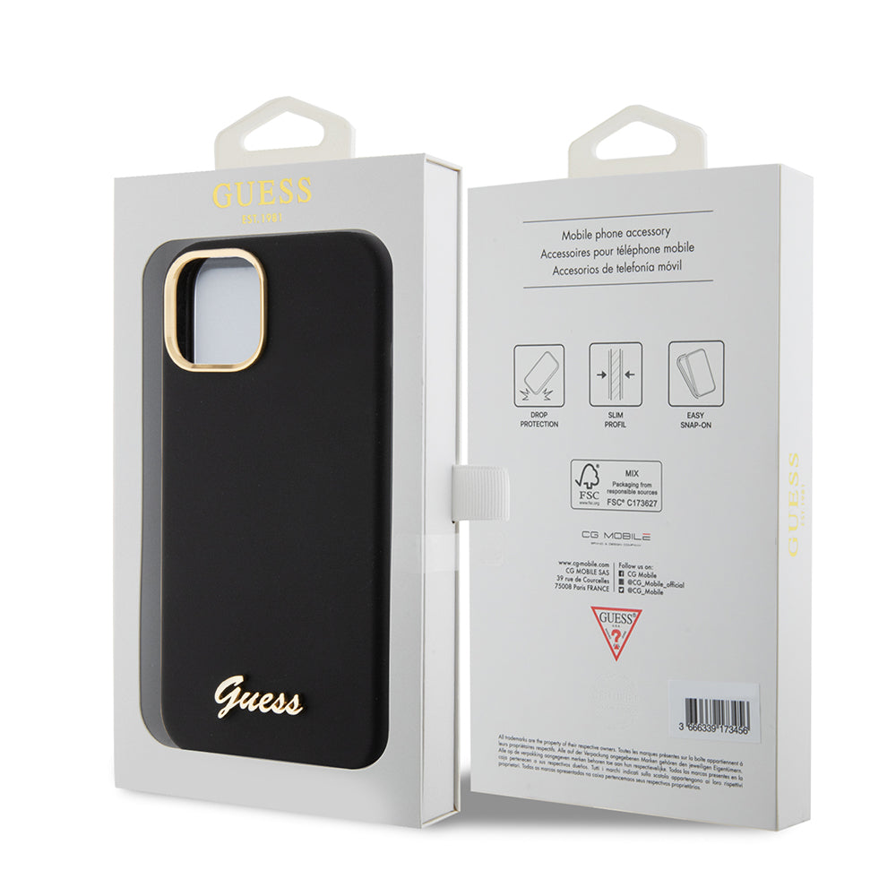 Husă Guess iPhone 15 Silicone Script Metal Logo & Frame, negru – imagine 7
