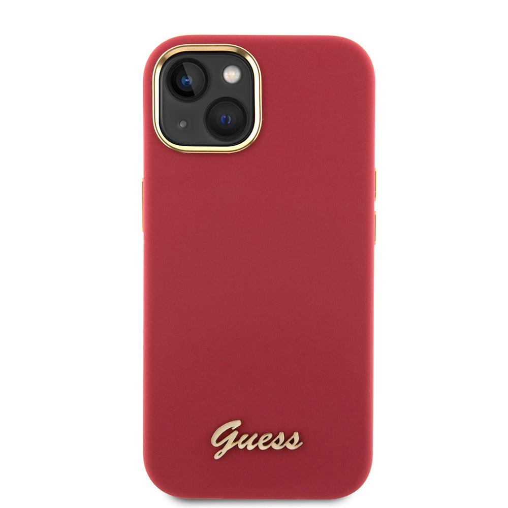 Husă Guess iPhone 15 Silicone Script Metal Logo & Frame, roșu – imagine 1