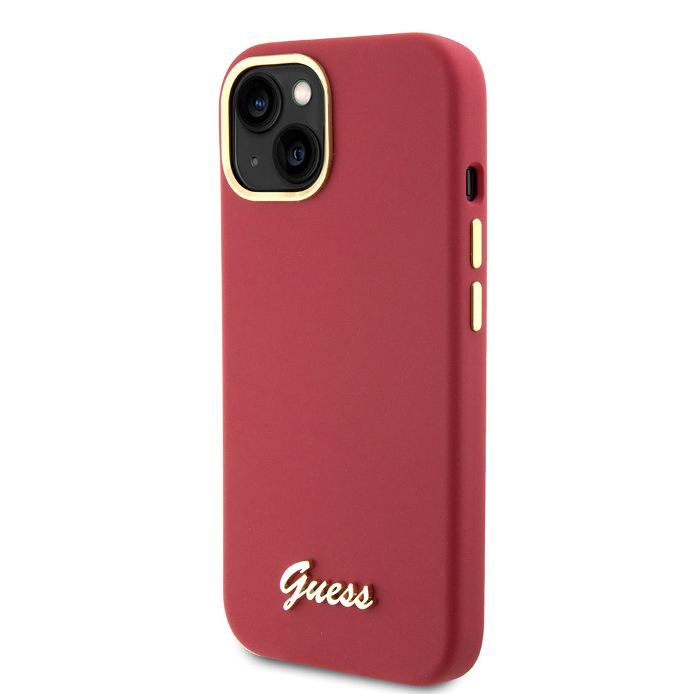 Husă Guess iPhone 15 Silicone Script Metal Logo & Frame, roșu – imagine 3