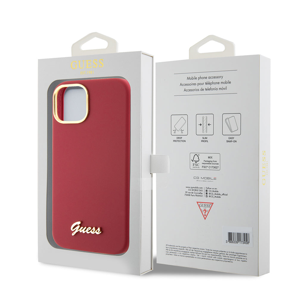 Husă Guess iPhone 15 Silicone Script Metal Logo & Frame, roșu – imagine 7