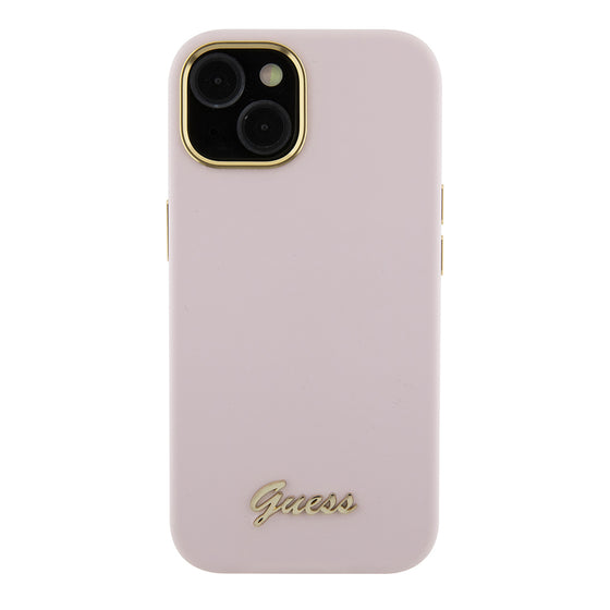 Husă Guess Silicone Script Metal Logo & Frame pentru iPhone 15 – roz deschis