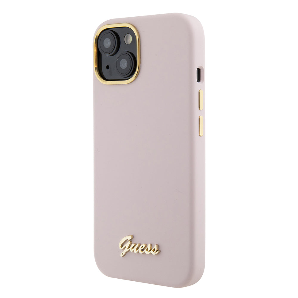Husă Guess iPhone 15 Silicone Script Metal Logo & Frame, roz deschis – imagine 3