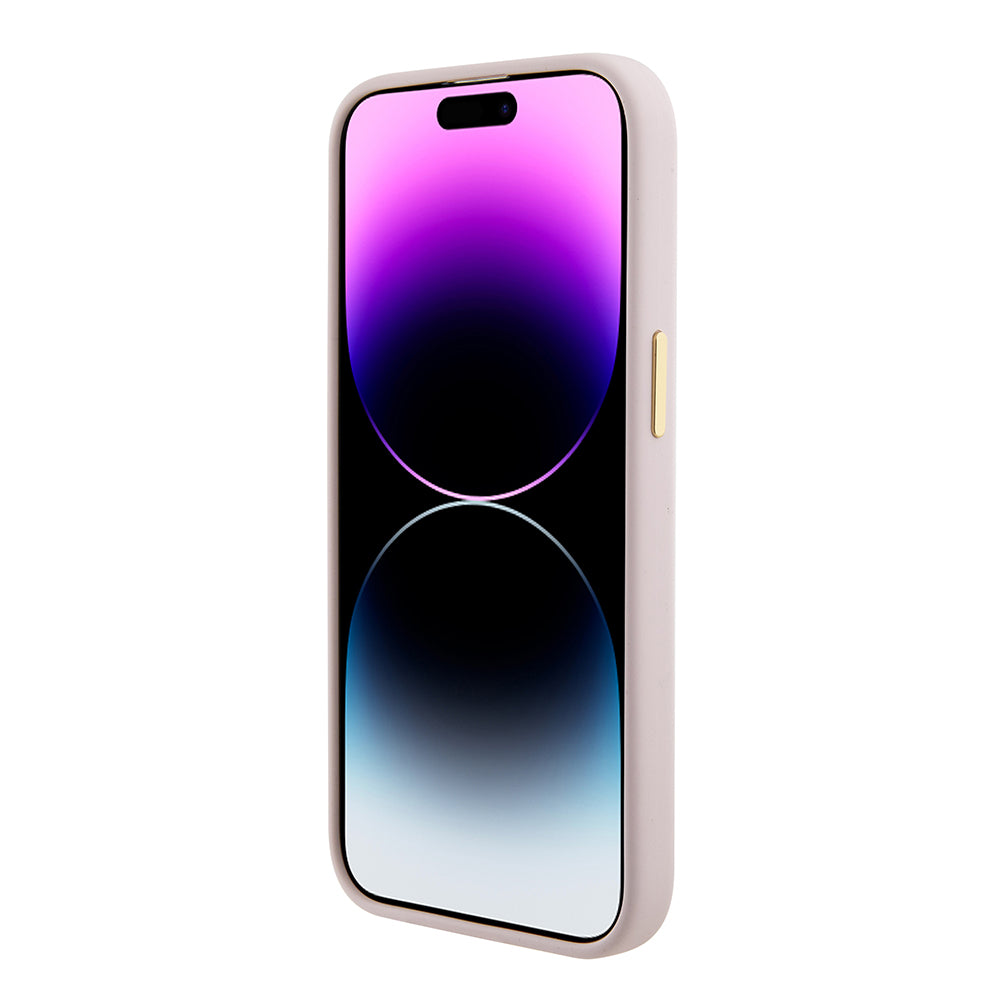 Husă Guess iPhone 15 Silicone Script Metal Logo & Frame, roz deschis – imagine 2