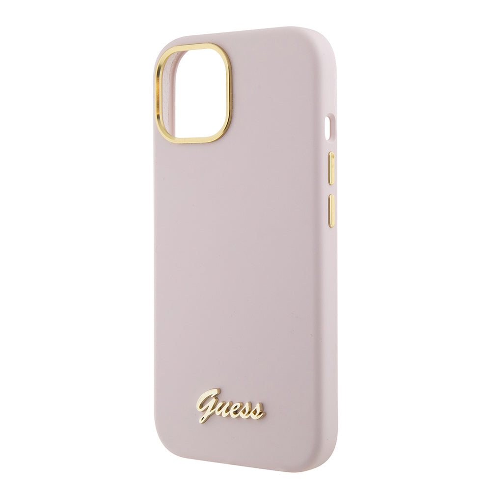 Husă Guess iPhone 15 Silicone Script Metal Logo & Frame, roz deschis – imagine 4