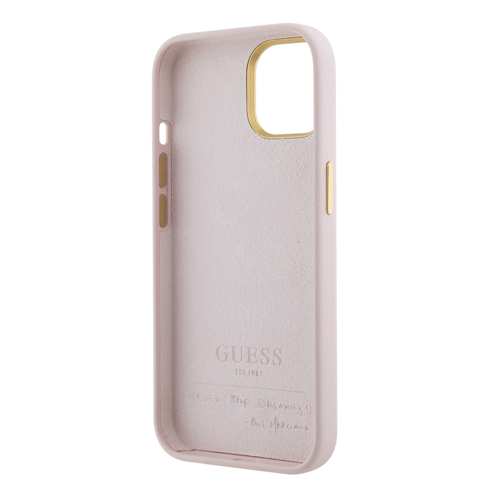 Husă Guess iPhone 15 Silicone Script Metal Logo & Frame, roz deschis – imagine 5