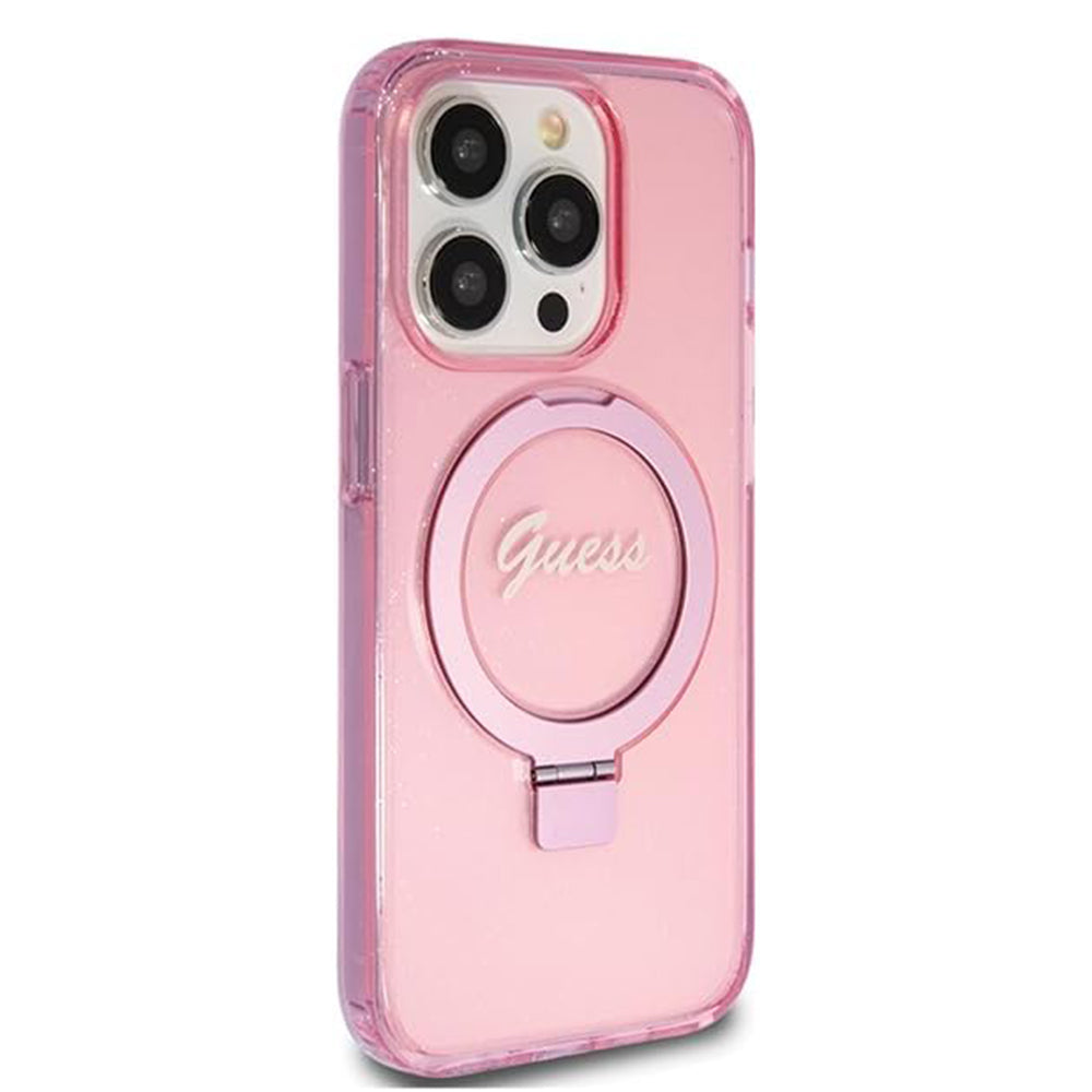 Husă Guess iPhone 15 Pro Ring Stand Script Glitter MagSafe, roz – imagine 3