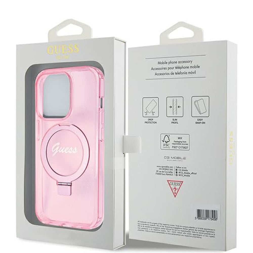 Husă Guess iPhone 15 Pro Ring Stand Script Glitter MagSafe, roz – imagine 7