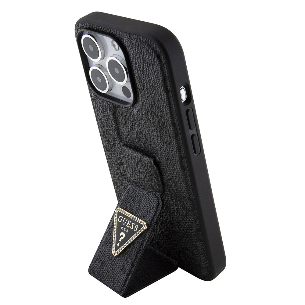Husă Guess iPhone 15 Pro Grip Stand 4G Triangle Strass, negru – imagine 3