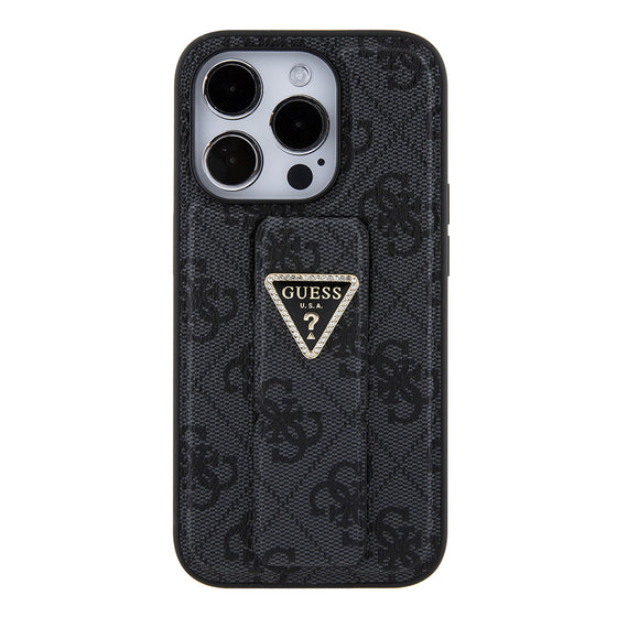 Husă Guess Grip Stand 4G Triangle Strass pentru iPhone 15 Pro – negru