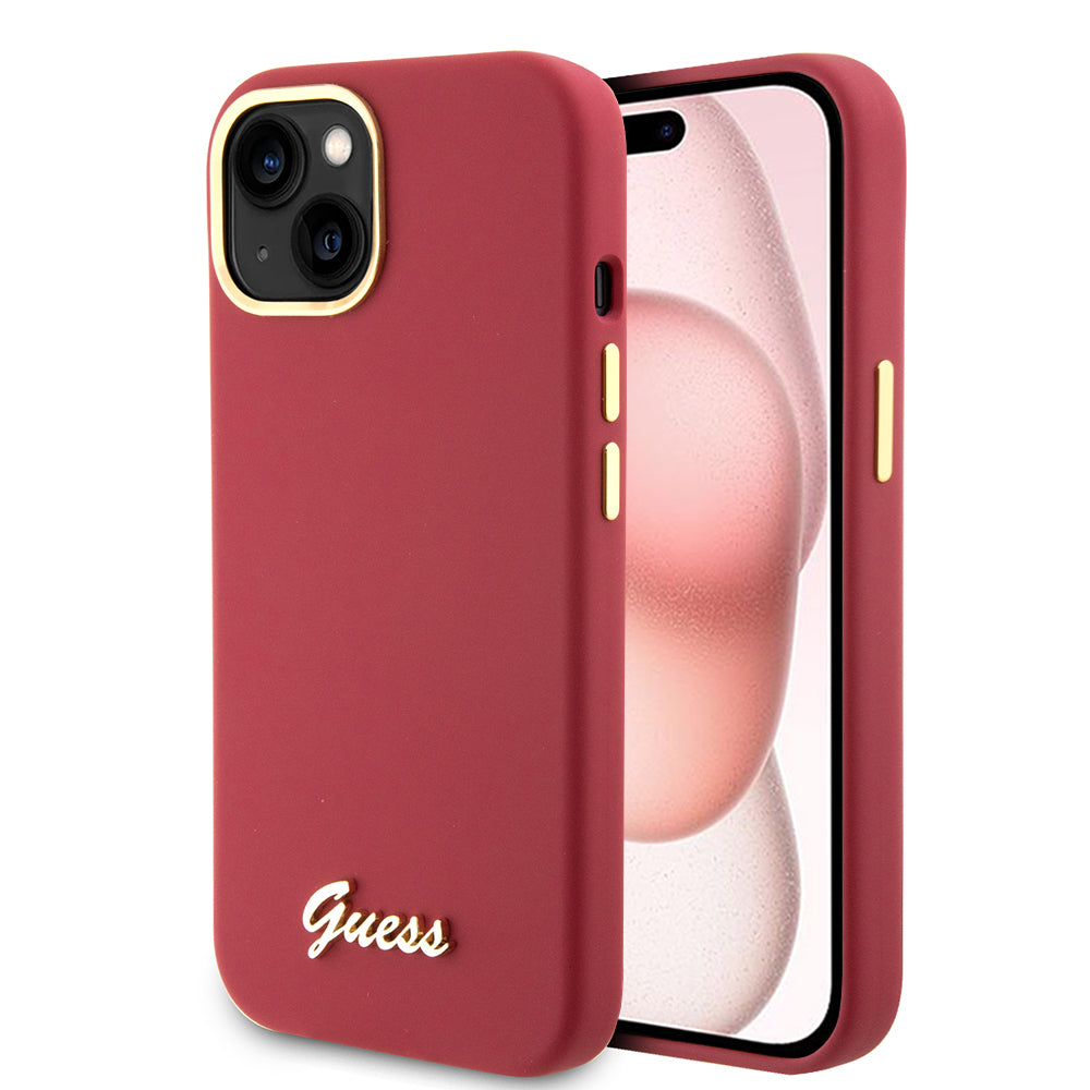 Husă Guess iPhone 15 Silicone Script Metal Logo & Frame, roșu – imagine 6