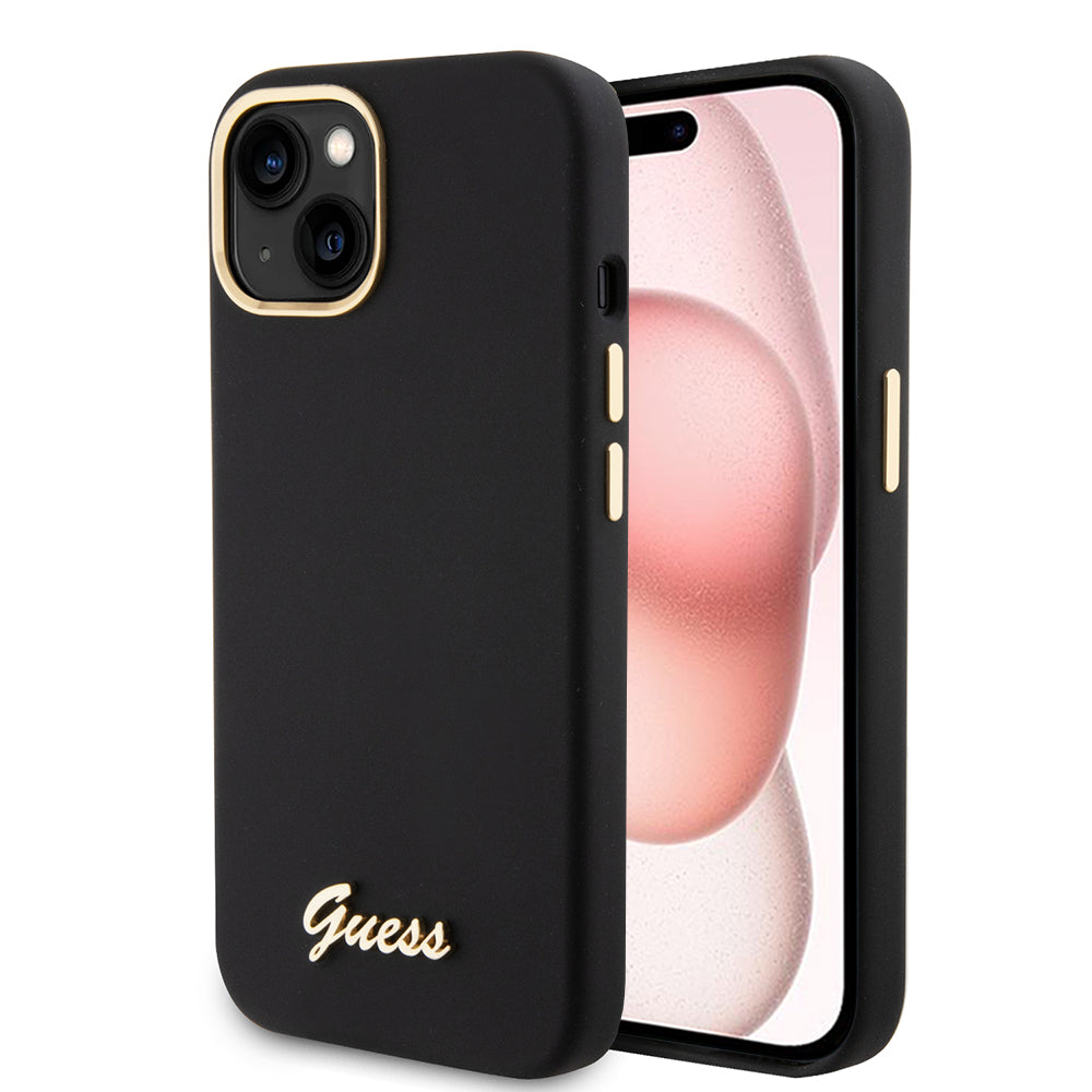 Husă Guess iPhone 15 Silicone Script Metal Logo & Frame, negru – imagine 6