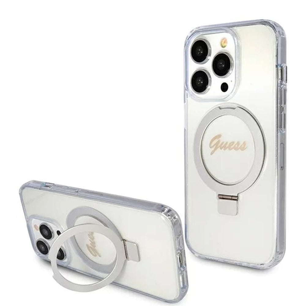 Husă Guess iPhone 15 Pro Ring Stand Script Glitter, transparent – imagine 6