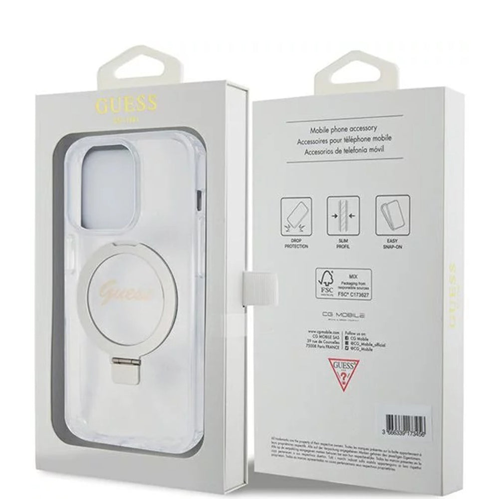 Husă Guess iPhone 15 Pro Ring Stand Script Glitter, transparent – imagine 7