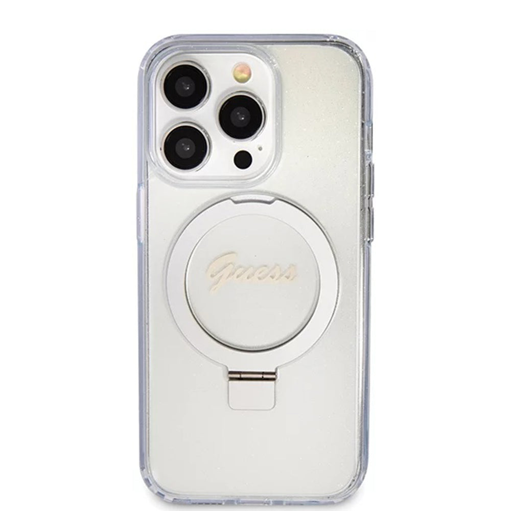 Husă Guess iPhone 15 Pro Ring Stand Script Glitter, transparent – imagine 1