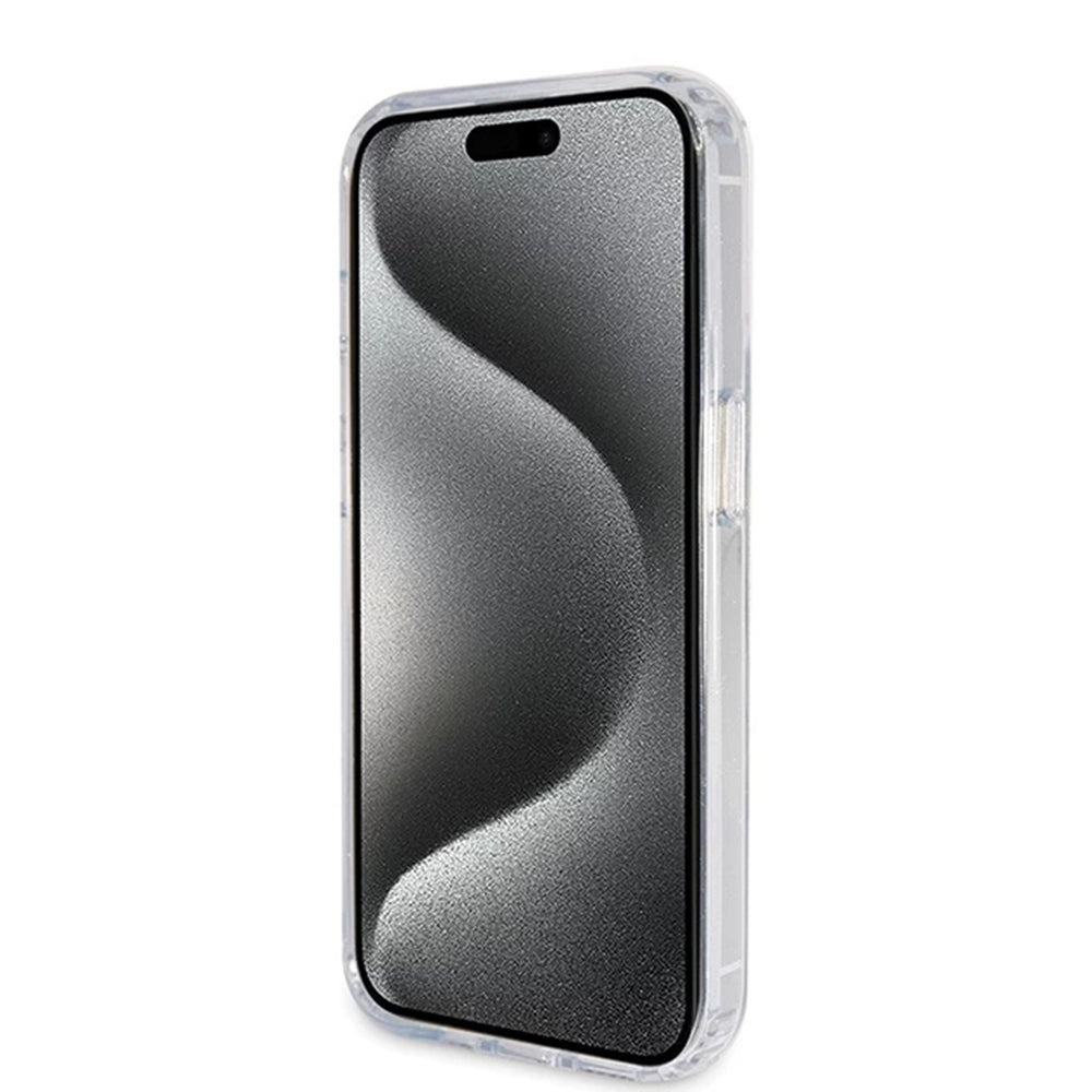 Husă Guess iPhone 15 Pro Ring Stand Script Glitter, transparent – imagine 2