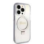 Husă Guess iPhone 15 Pro Ring Stand Script Glitter, transparent – imagine 3