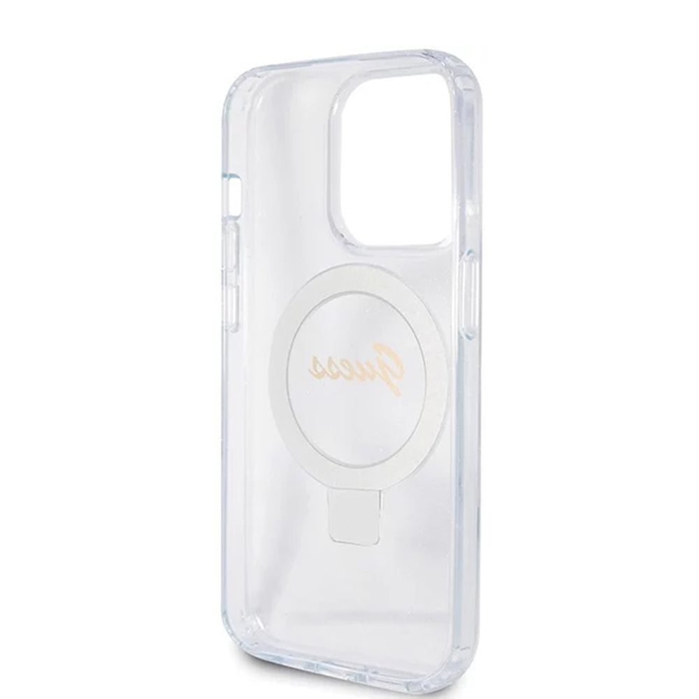Husă Guess iPhone 15 Pro Ring Stand Script Glitter, transparent – imagine 5