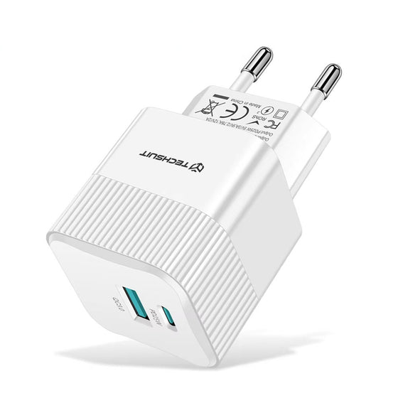 Încărcător priză Techsuit Tiny CHPD216 GaN, 25 W, USB-C PD și USB QC 3.0 – alb