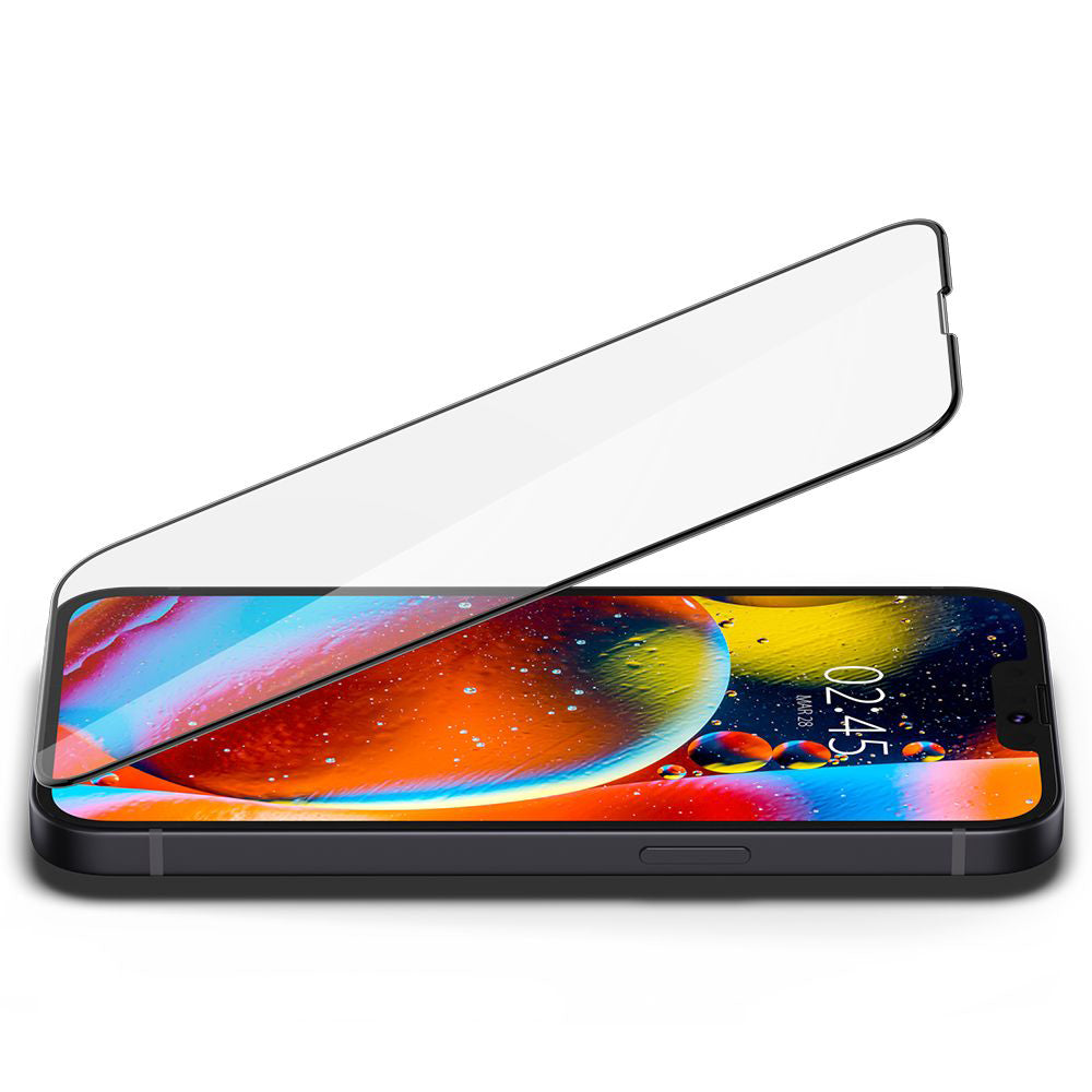 Folie de sticlă Spigen Glas.tR Slim pentru iPhone 13 / 13 Pro / 14 / 16e / 17e – Ramă neagră – imagine 7