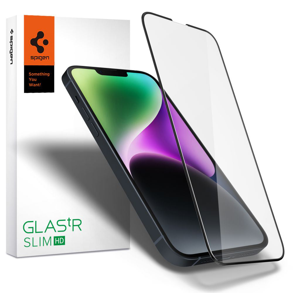 Folie de sticlă Spigen Glas.tR Slim pentru iPhone 13 / 13 Pro / 14 / 16e / 17e – Ramă neagră – imagine 5