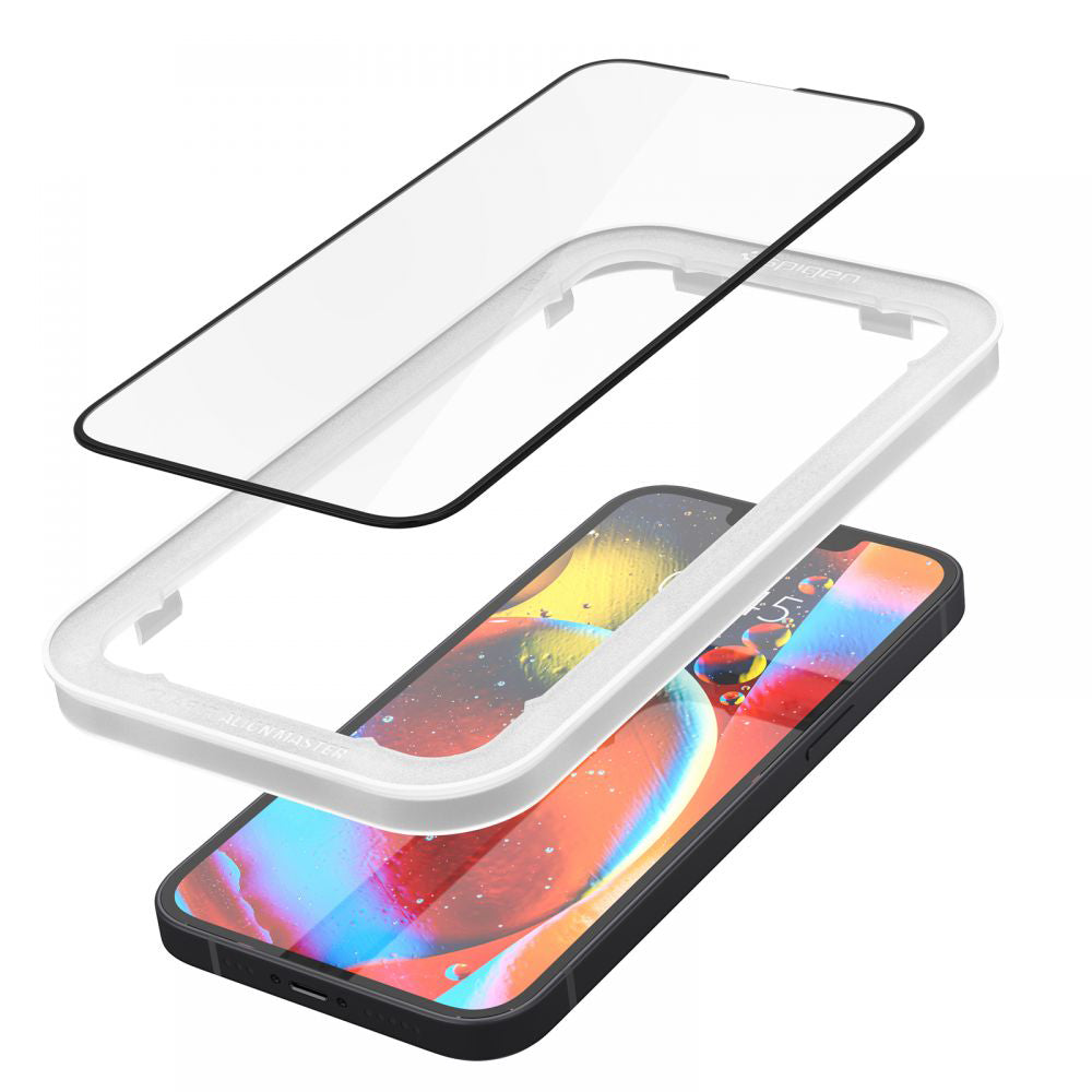Folie de sticlă Spigen Glas.tR AlignMaster cu ramă neagră pentru iPhone 13 / 13 Pro / 14 / 16e / 17e – 2 folii – imagine 9