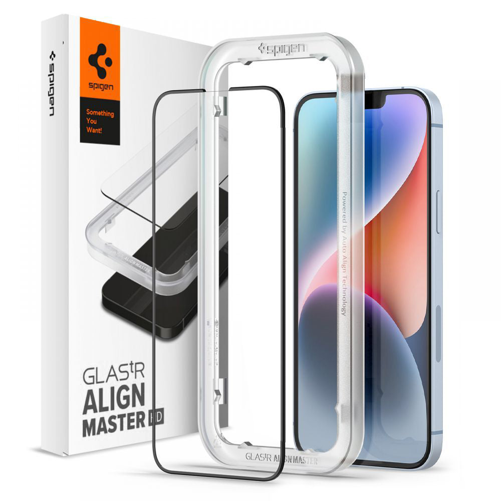 Folie de sticlă Spigen Glas.tR AlignMaster cu ramă neagră pentru iPhone 13 / 13 Pro / 14 / 16e / 17e – 1 folie – imagine 1