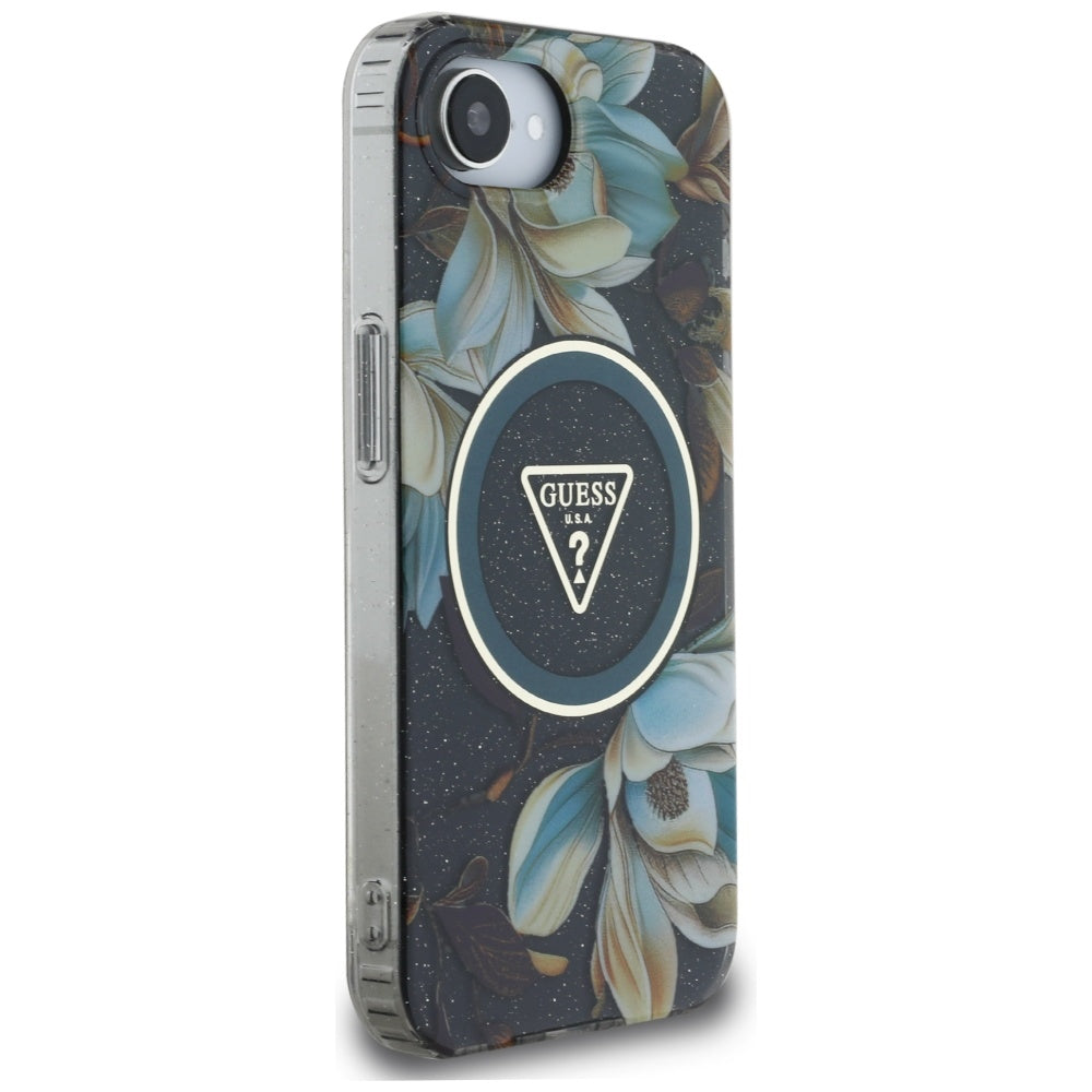 Husă Guess iPhone 16e IML Metal Glitter Flowers Triangle, negru – imagine 2