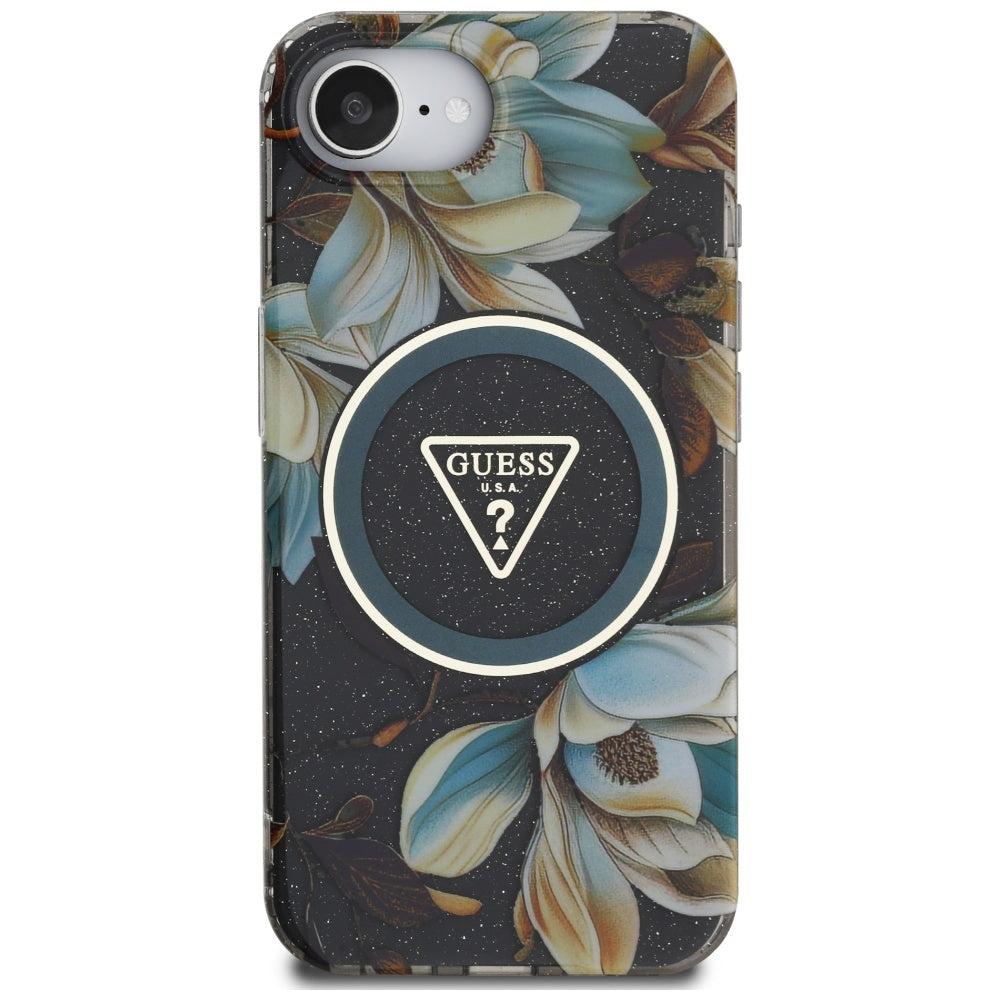Husă Guess iPhone 16e IML Metal Glitter Flowers Triangle, negru – imagine 1