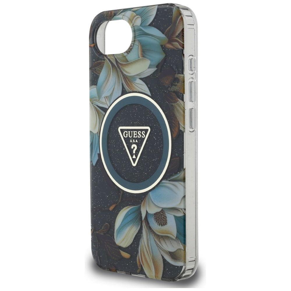 Husă Guess iPhone 16e IML Metal Glitter Flowers Triangle, negru – imagine 5