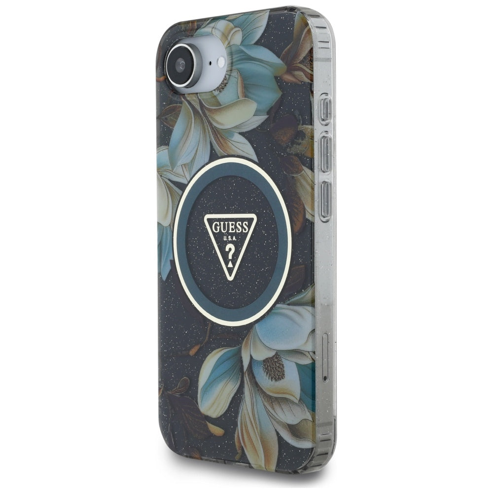 Husă Guess iPhone 16e IML Metal Glitter Flowers Triangle, negru – imagine 3