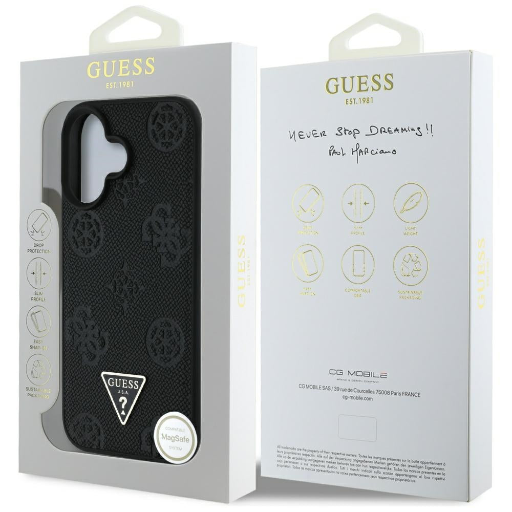 Husă Guess iPhone 16 Peony Grained Hot Stamp Triangle MagSafe, negru – imagine 7