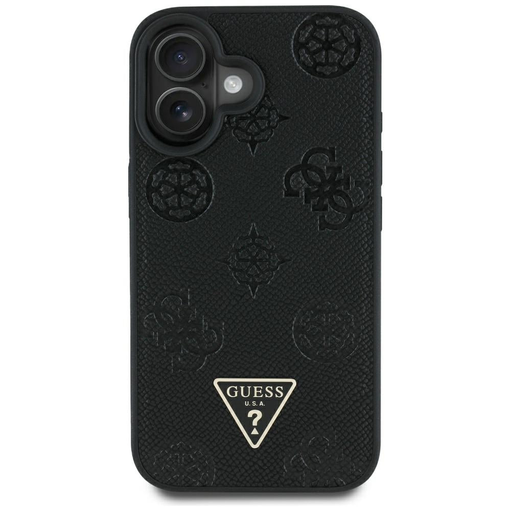 Husă Guess iPhone 16 Peony Grained Hot Stamp Triangle MagSafe, negru – imagine 1