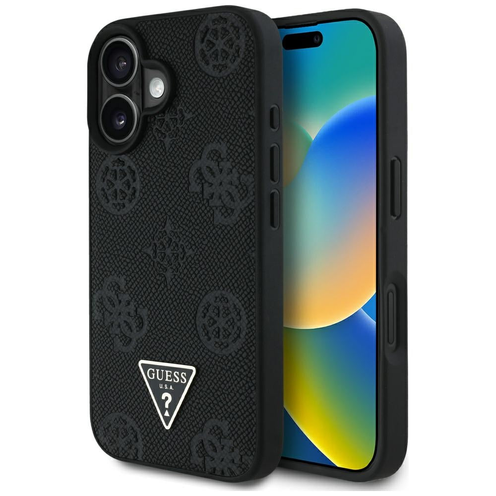 Husă Guess iPhone 16 Peony Grained Hot Stamp Triangle MagSafe, negru – imagine 6