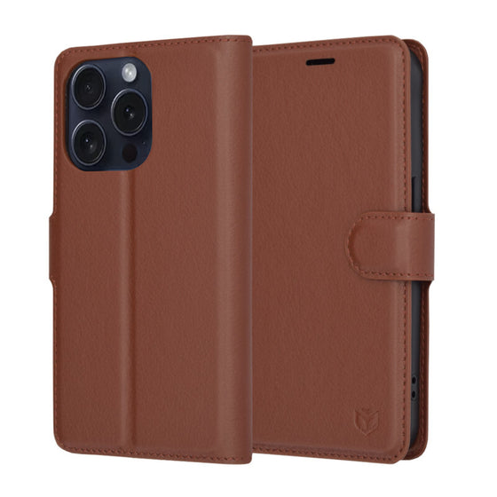Husă tip portofel Techsuit Leather Folio pentru iPhone 15 Pro – maro