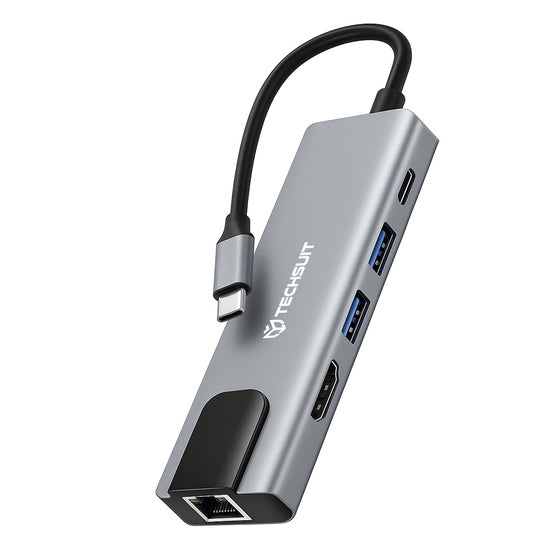 Stație de andocare Techsuit NetBridge H1, USB-C la HDMI 4K, RJ45, USB 3.0, USB 2.0, USB-C PD 87W – gri